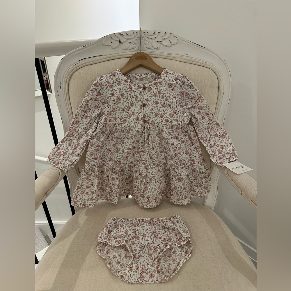 🦢 24 Mth Organic Floral & Swiss Dot Long Sleeve Baby Dress with Matching Bloomer